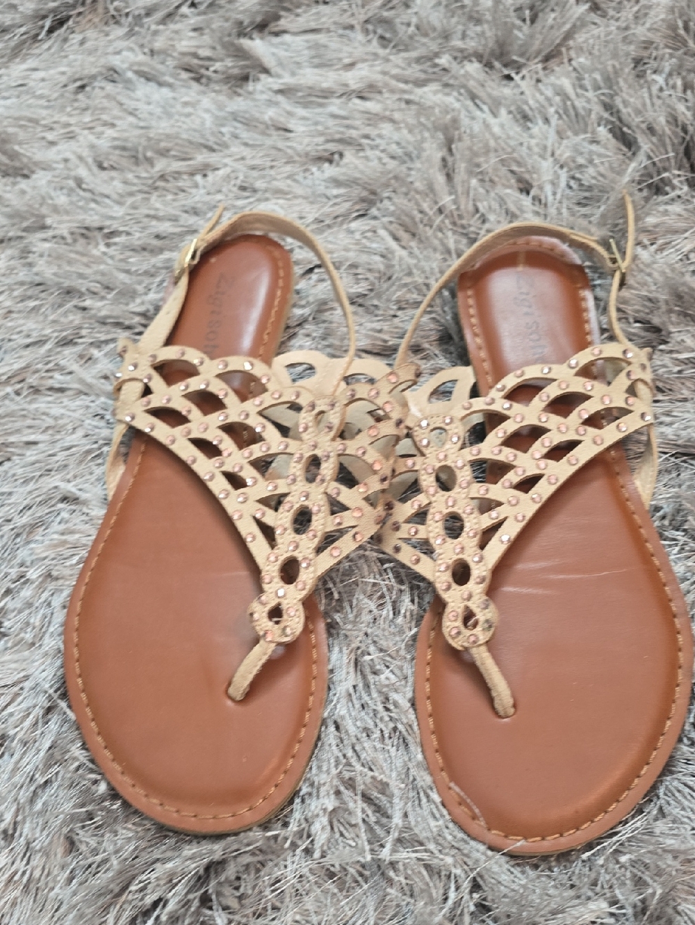 Zigi Soho Beige Cutout T-Strap Sandals with Stud Accents